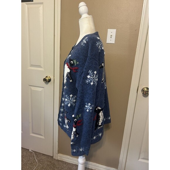 Vintage Talbots Womens Cardigan Large Blue Hand Knit Penguin Sweater Snow Winter - Picture 2 of 9
